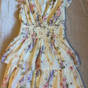 LoveShackFancy Cream Floral Midi Dress with Pink & Purple Accents